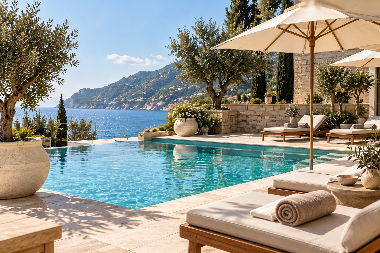 Poolside loungers overlooking the Mediterranean coast
