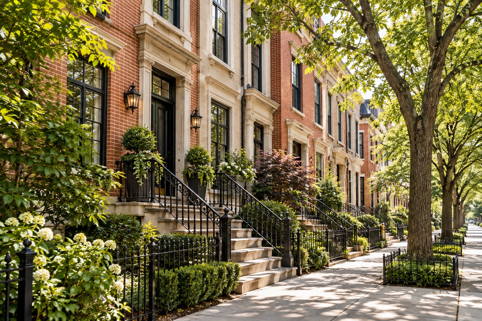 Brick and limestone townhouses along a leafy residential street.