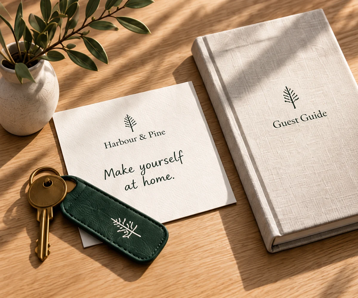 A Harbour & Pine welcome note, room key and linen guest guide, thoughtfully arranged on a sunlit oak table.