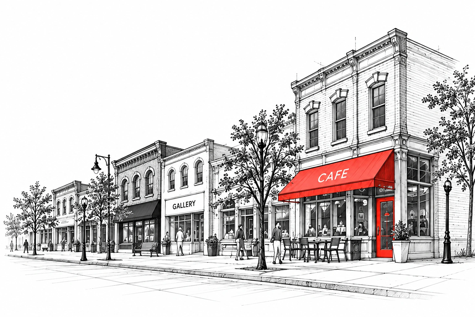 Ink illustration of a small-business Main Street, with a red café awning and welcoming storefronts.
