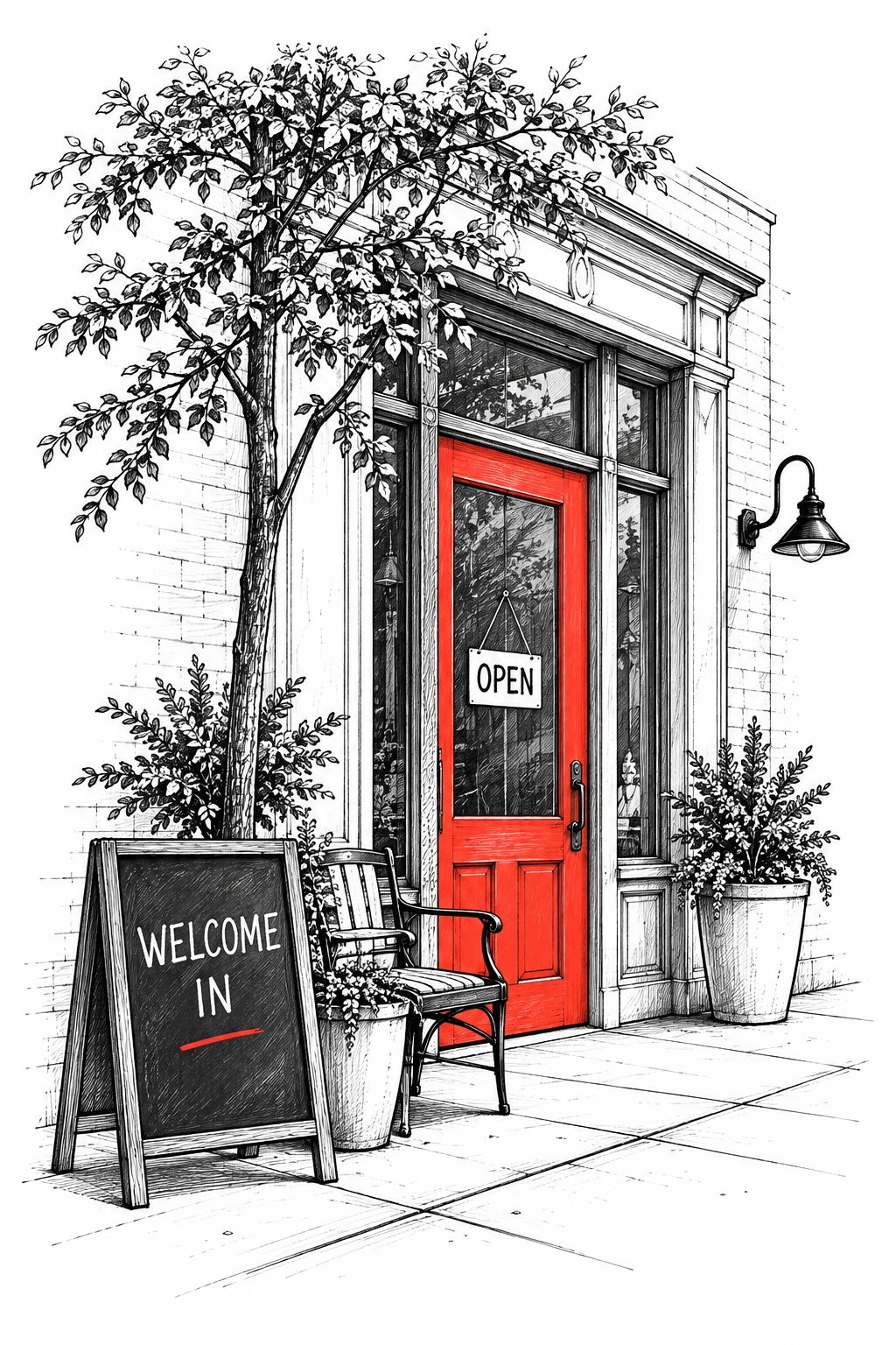 A hand-drawn storefront with a red door and an open sign.