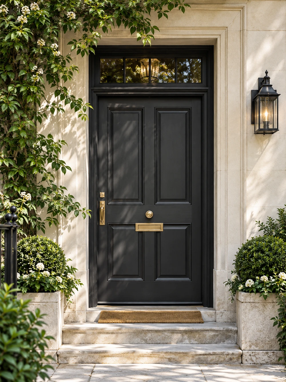 A welcoming dark front door framed by pale stone and green foliage.