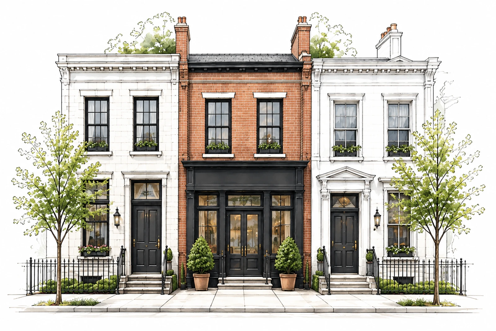 A front-on architectural illustration of three adjoining townhouses, with pale stone and brick facades, trees and a clean, unbranded central entrance.