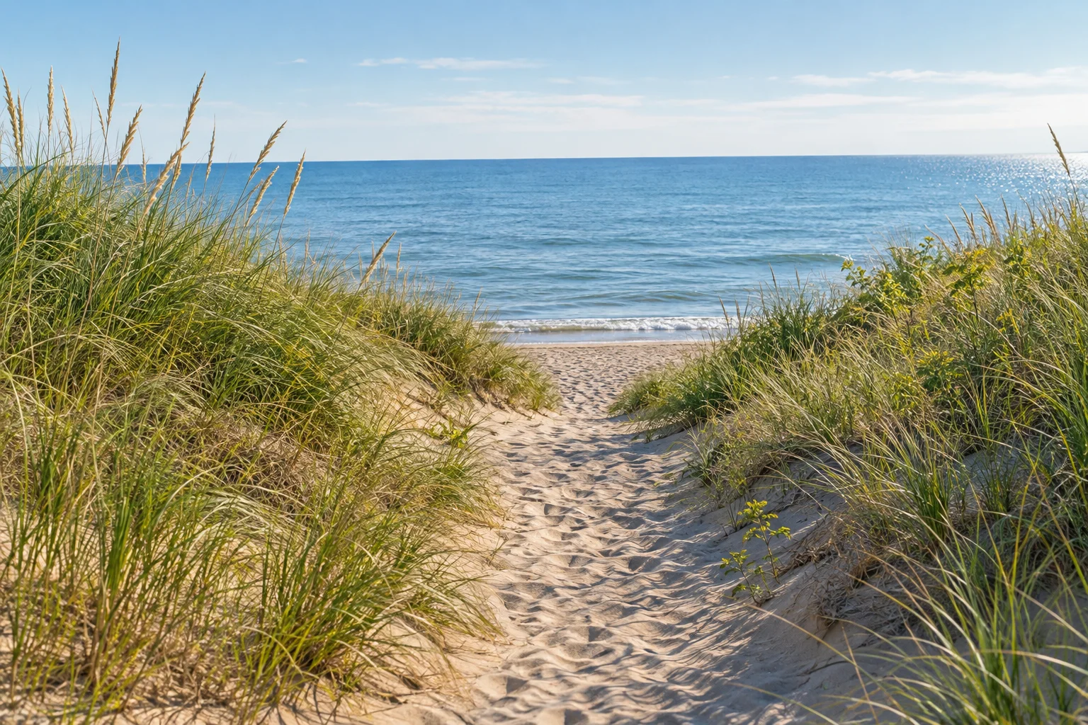 Illustrative Lake Michigan dunes with a sandy path leading toward the water.