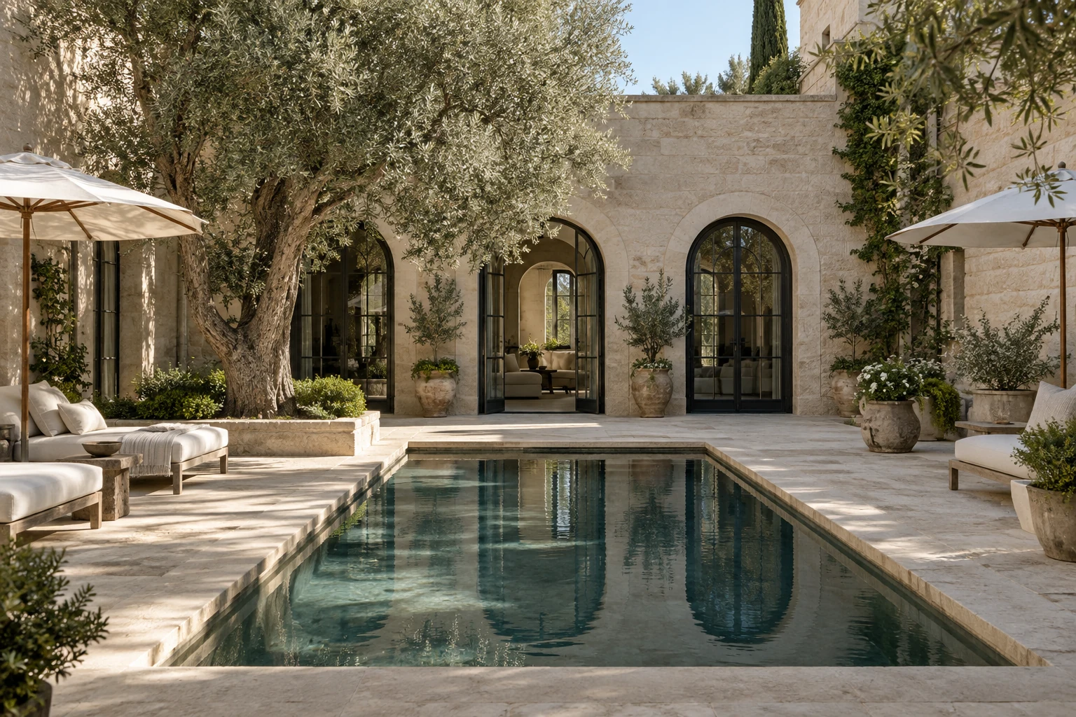 An example property management post featuring a sunlit courtyard and pool.