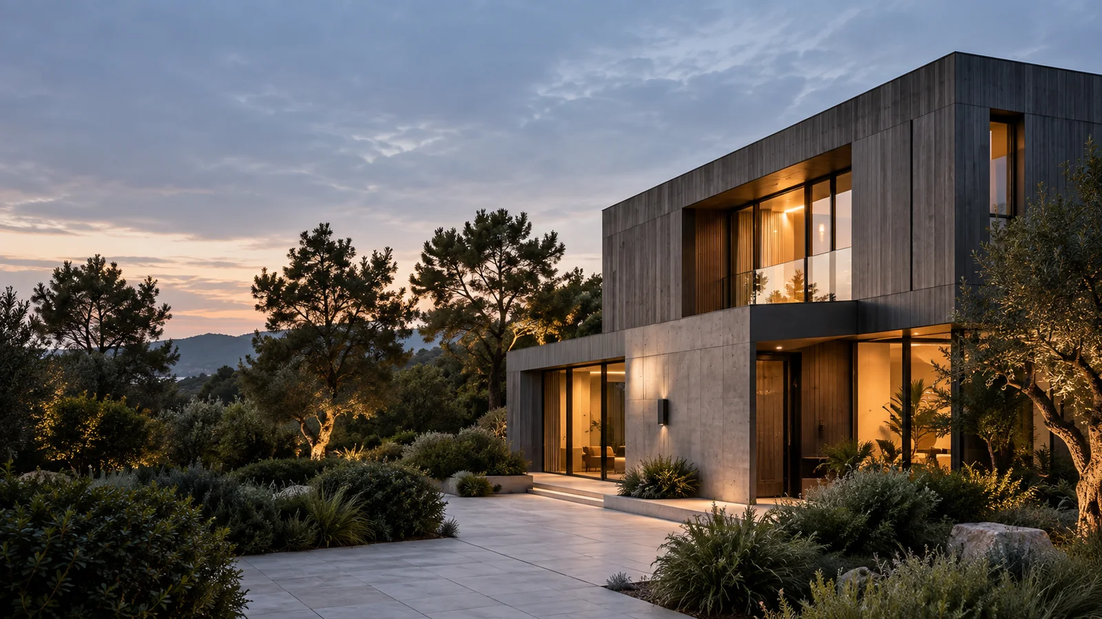 A contemporary residence framed by mature trees